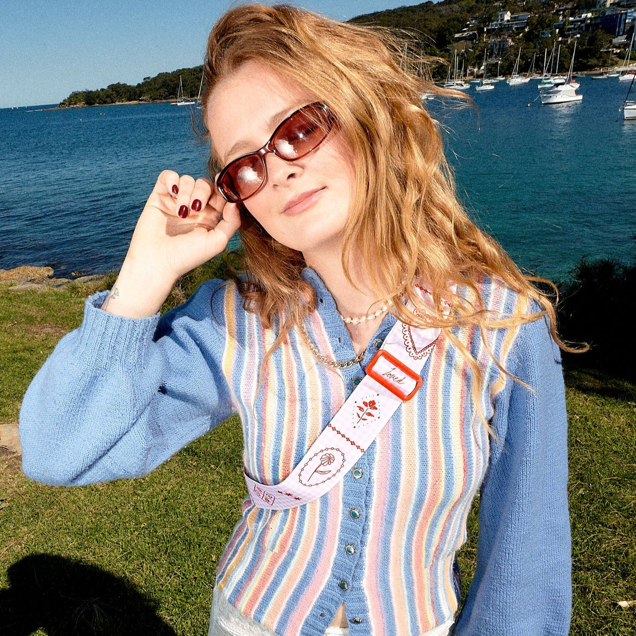 "LOVED" Red and Pink Gingham Bag Strap / Camera Strap